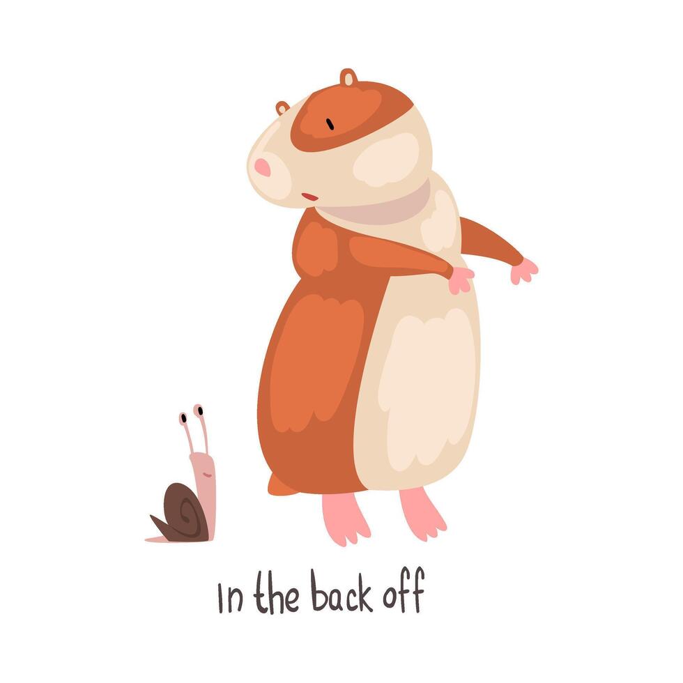 In the Back Off English Language Preposition of Place and Cute Hamster Character, Educational Visual Material for Children Education Illustration vector