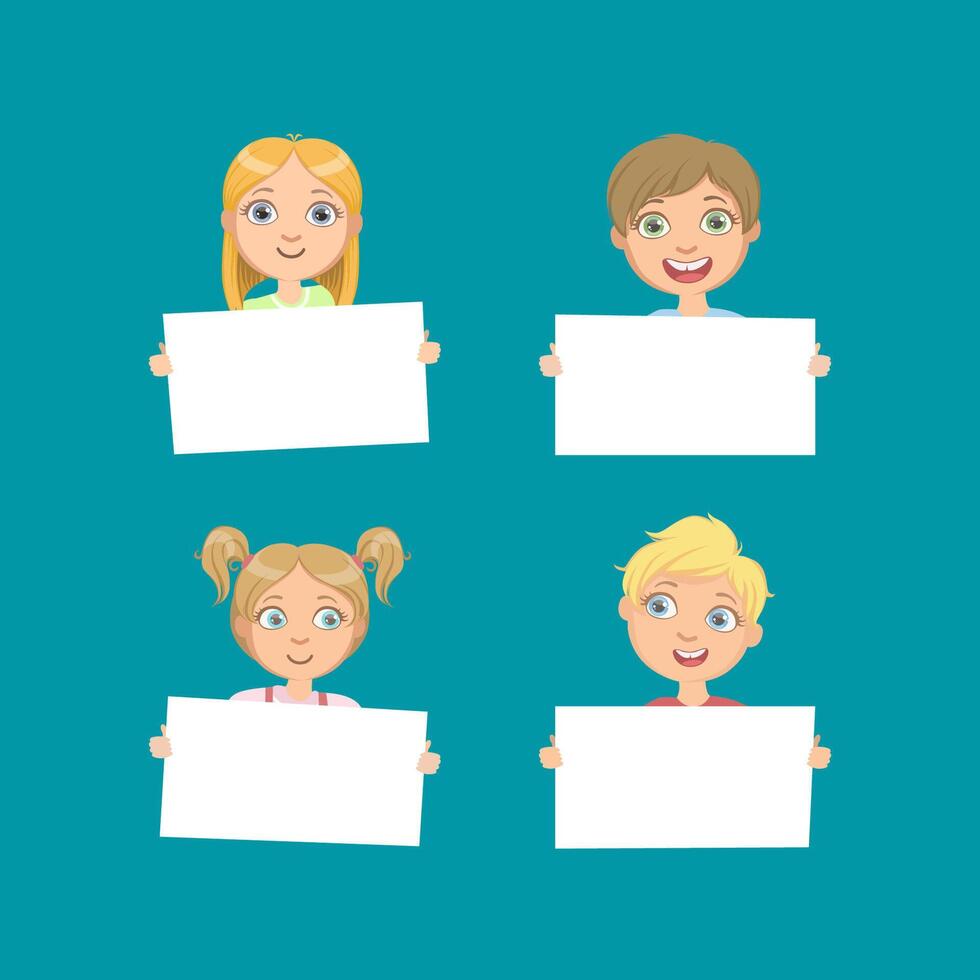Cute Children Holding Empty Blank Boards Set, Smiling Kids with Banners Illustration vector