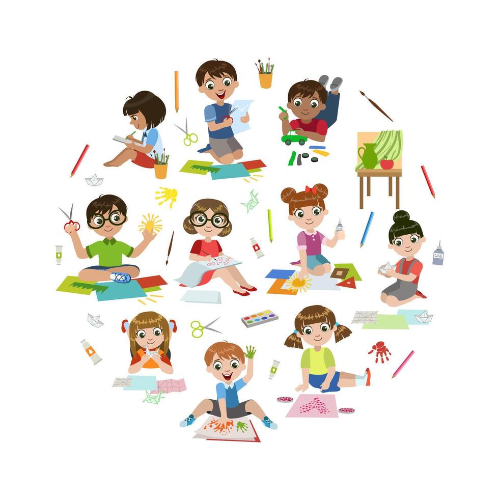 Creative Kids Painting, Modelling from Plasticine, Cutting with Scssors, Children Education and Development in the Round Shape Illustration vector