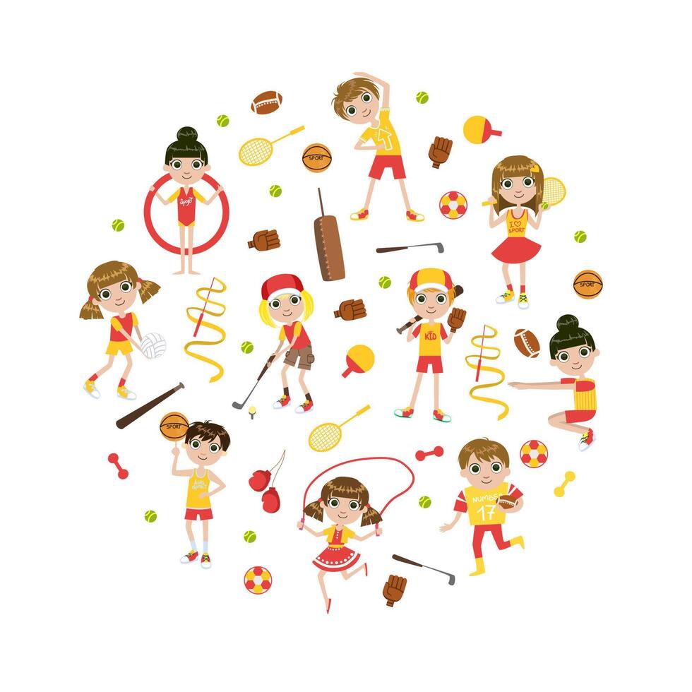 Cute Kids Kids Playing Various Sports in the Round Shape Illustration vector