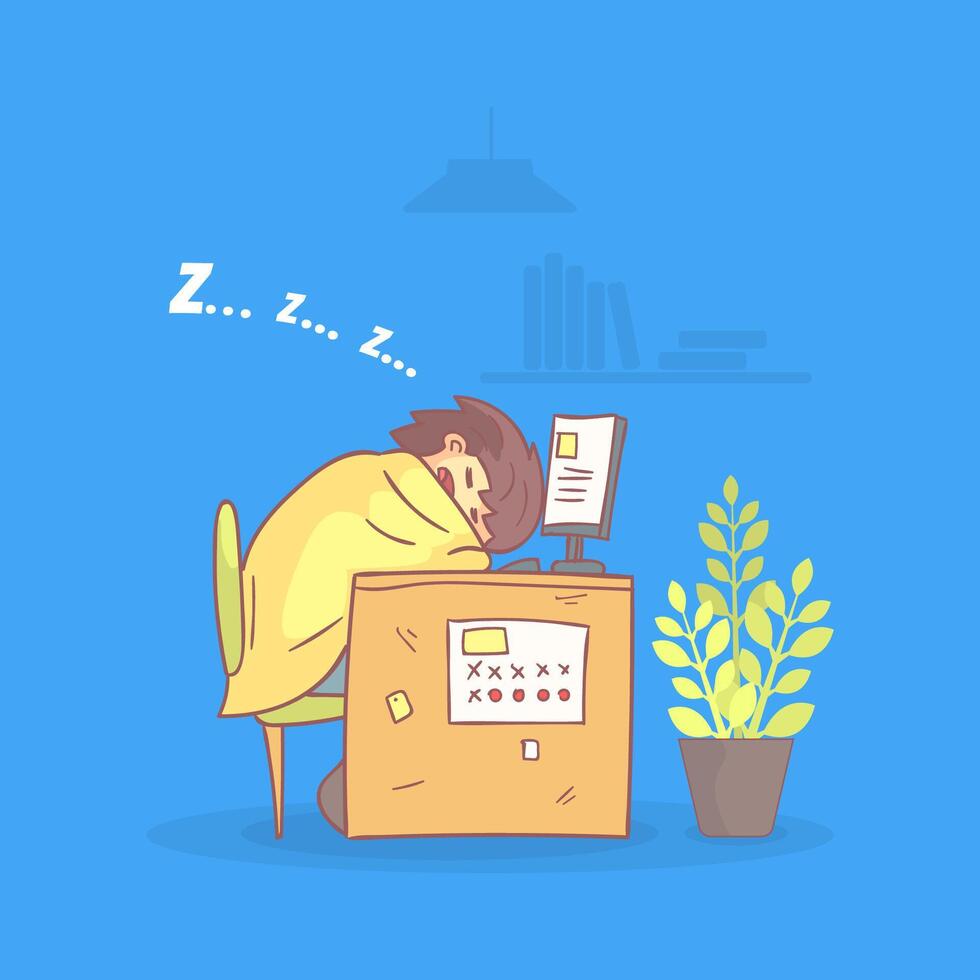 Office Worker Sleeping at his Workplace During Working Hours, Procrastinating and Laziness Person Illustration vector