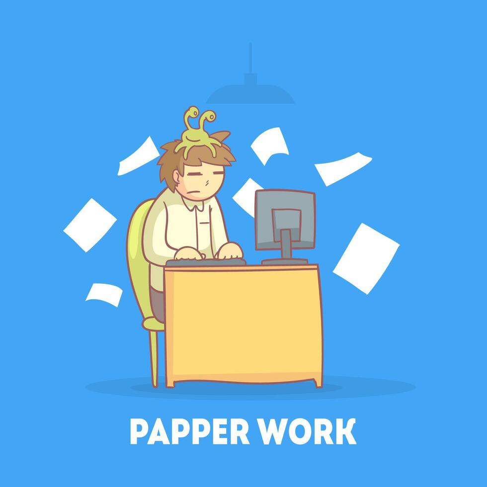 Procrastinating Office Worker Sitting at his Desk with Papers Flying Around Him, Procrastination and Laziness Illustration vector