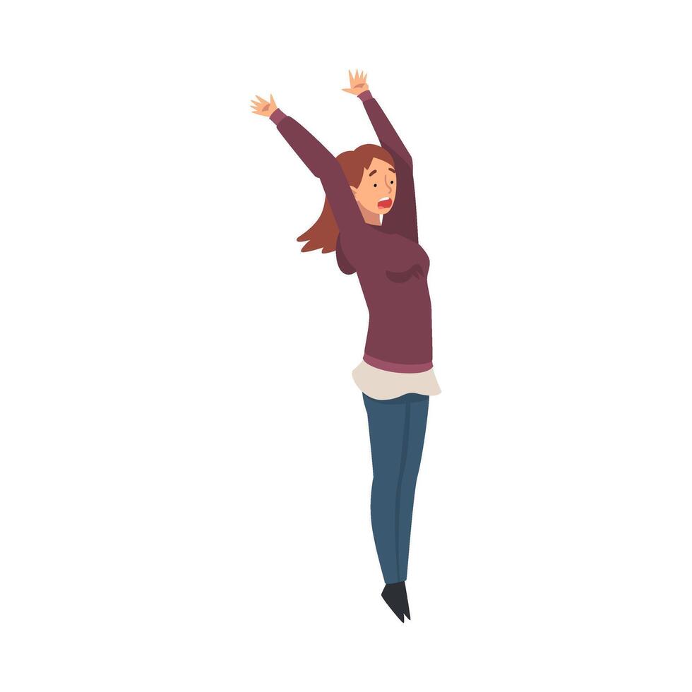 Scared and Terrified Woman with Her Hands Raised and Mouth Open, Emotional Frightened Person Character Afraid of Something Illustration vector