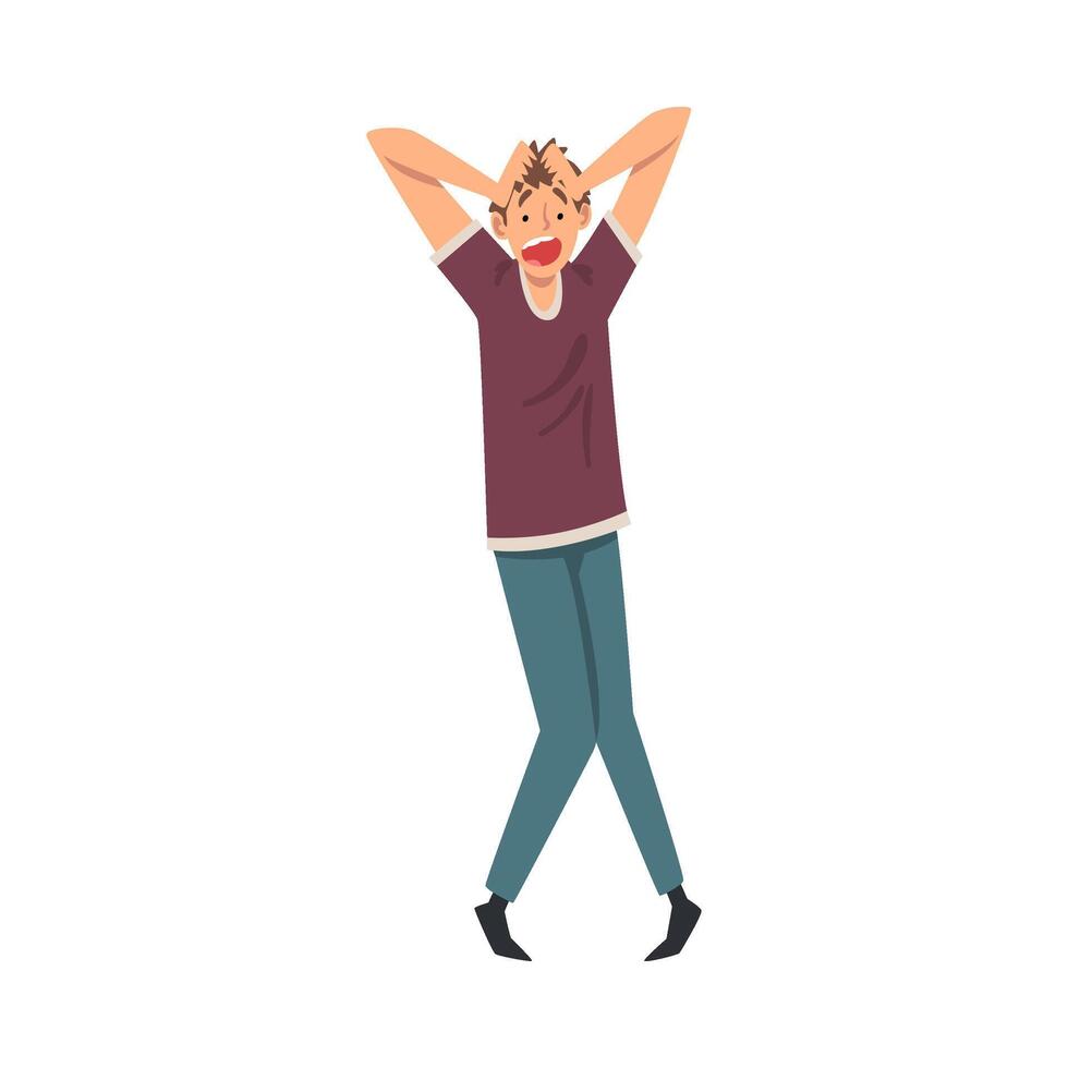 Scared and Panicked Man Clasped his Head, Emotional Frightened Person Character Afraid of Something Illustration vector