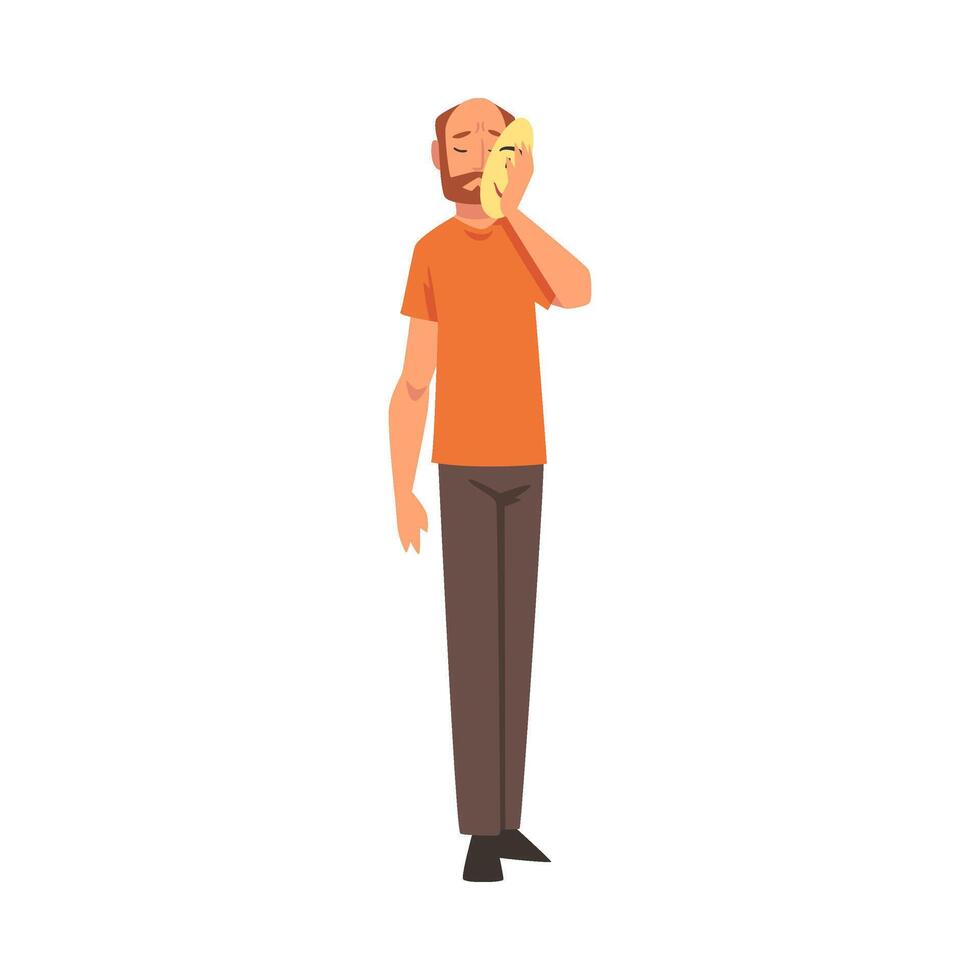 Bearded Man Covering His Face with Mask, Man Hiding His Natural Personality or Individuality to Conform to Social Requirements Illustration vector