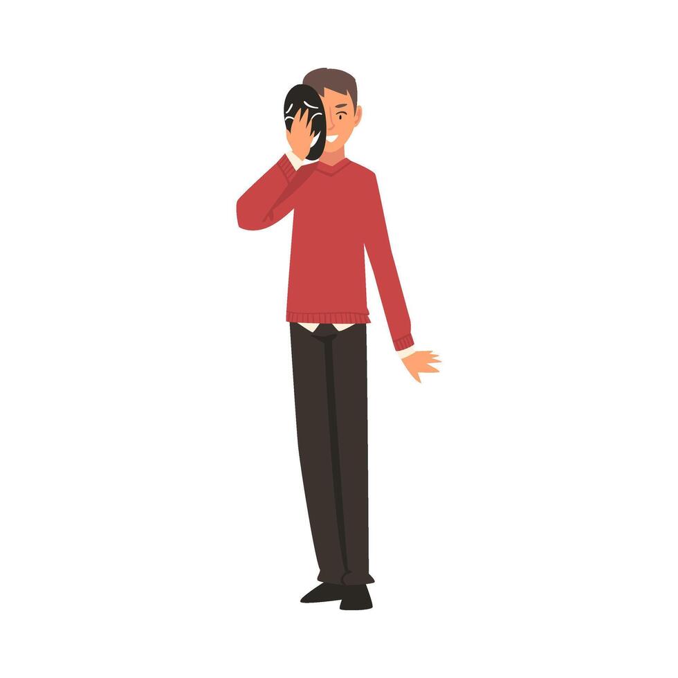 Young Man Covering His Face with Mask, Man Hiding His Natural Personality or Individuality to Conform to Social Requirements Illustration vector