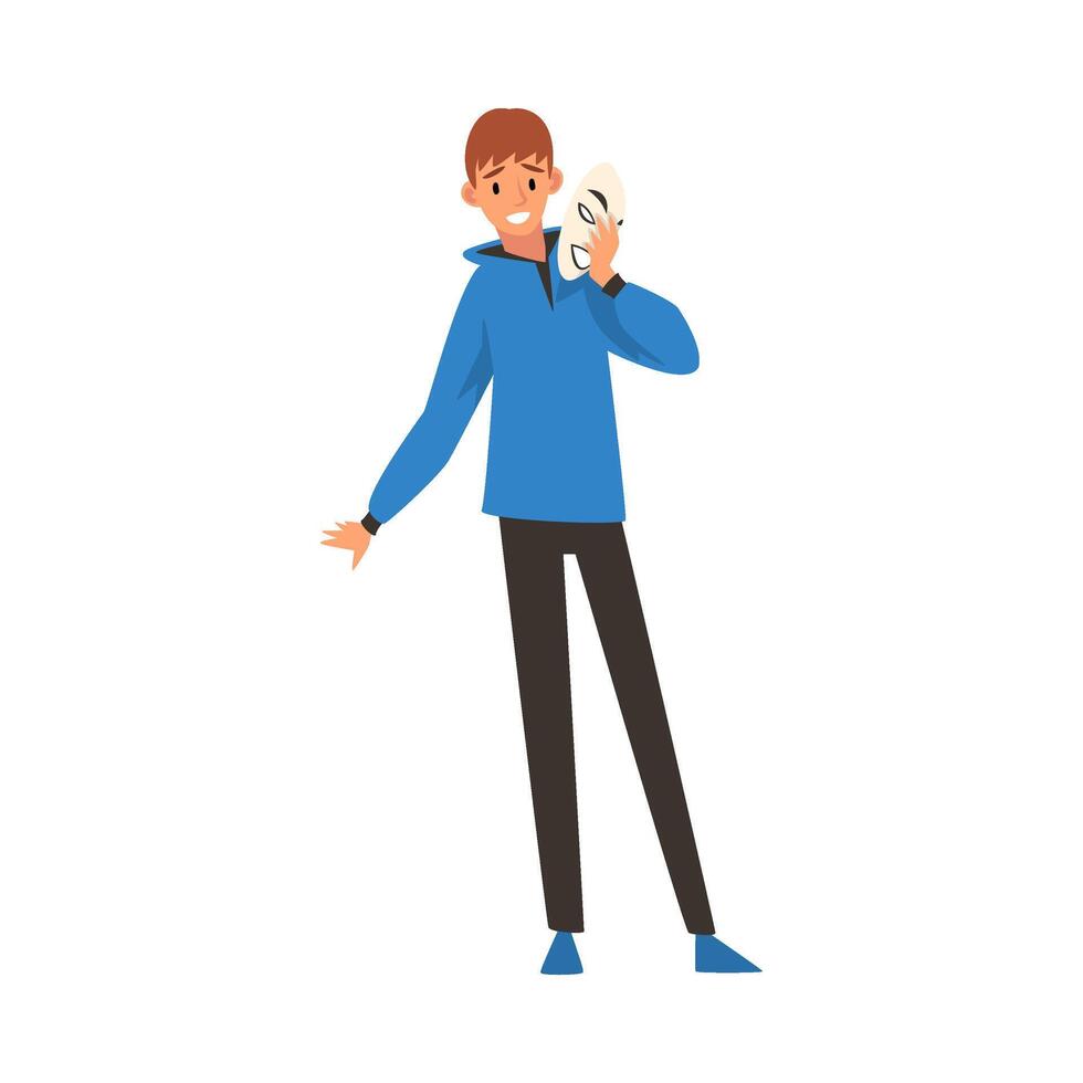 Young Man Holding Face Mask, Smiling Guy in Casual Clothes Changing and Hiding His Emotions Illustration vector