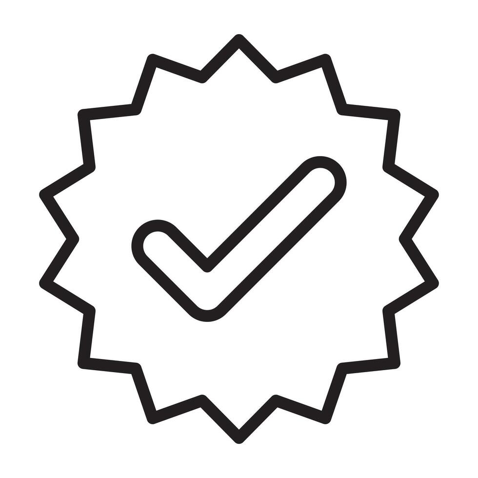 Badge with check mark outline icon, quality certification and approval symbol, black and white illustration isolated on white background. vector
