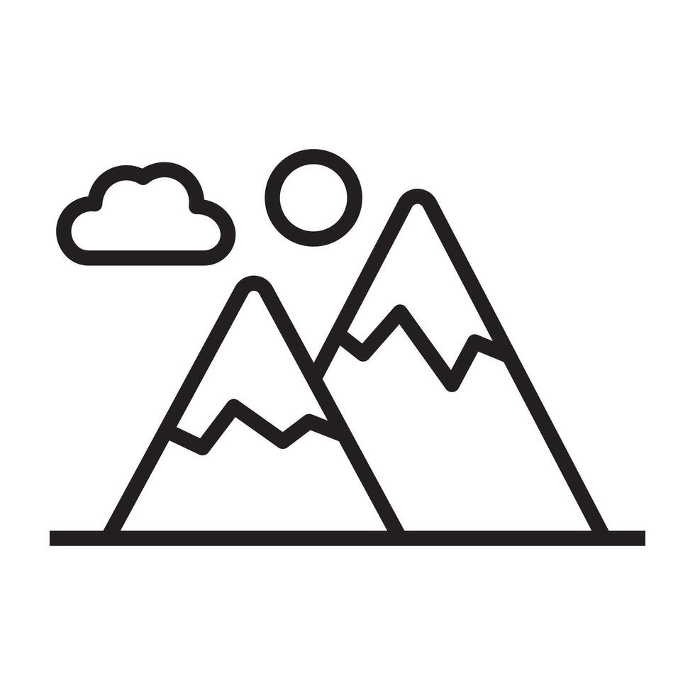 Mountain range icon with sun and clouds, nature and outdoor landscape symbol, black and white illustration isolated on white background vector