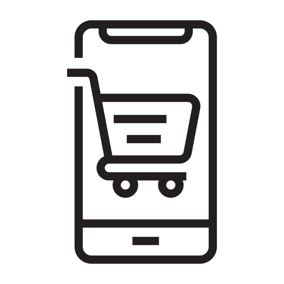 Online shopping cart icon on smartphone, e-commerce and mobile shopping symbol, black and white illustration isolated on white background vector