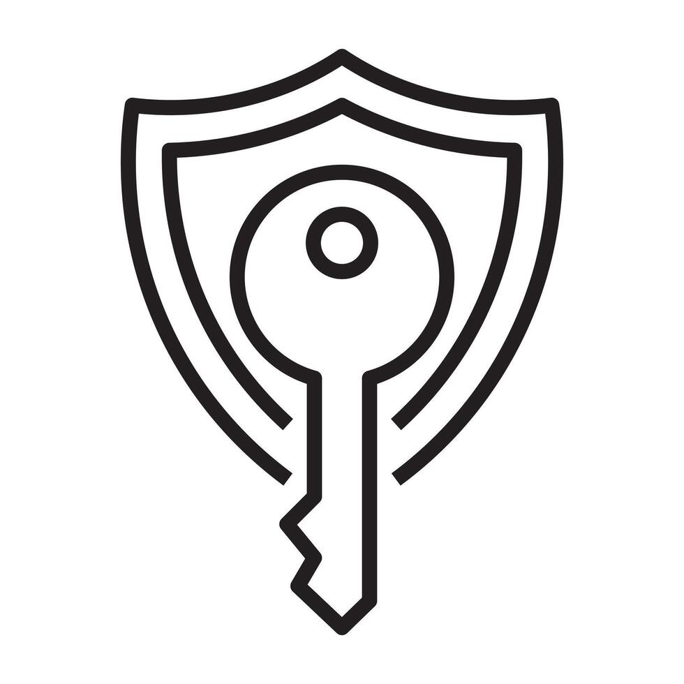 Security key icon, access protection and cybersecurity shield symbol, black and white illustration isolated on white background vector