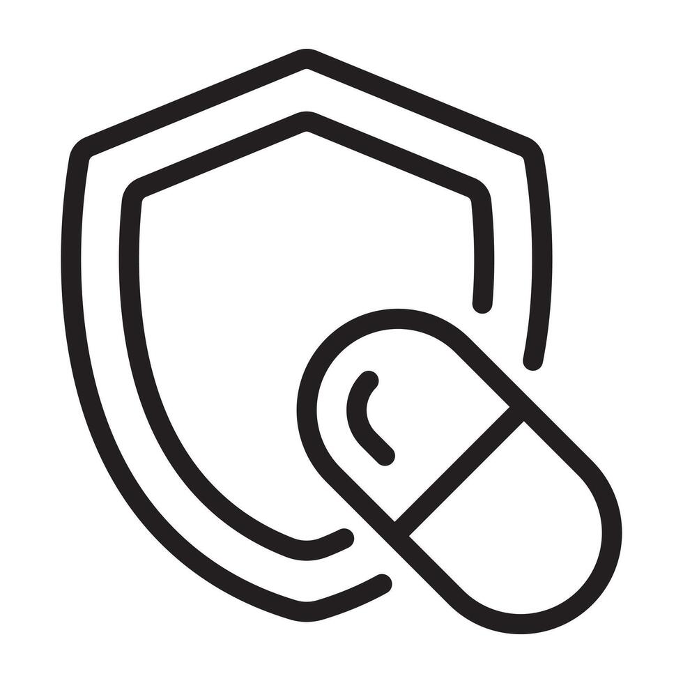 Shield and pill icon, medical protection and immune health symbol, black and white illustration isolated on white background vector