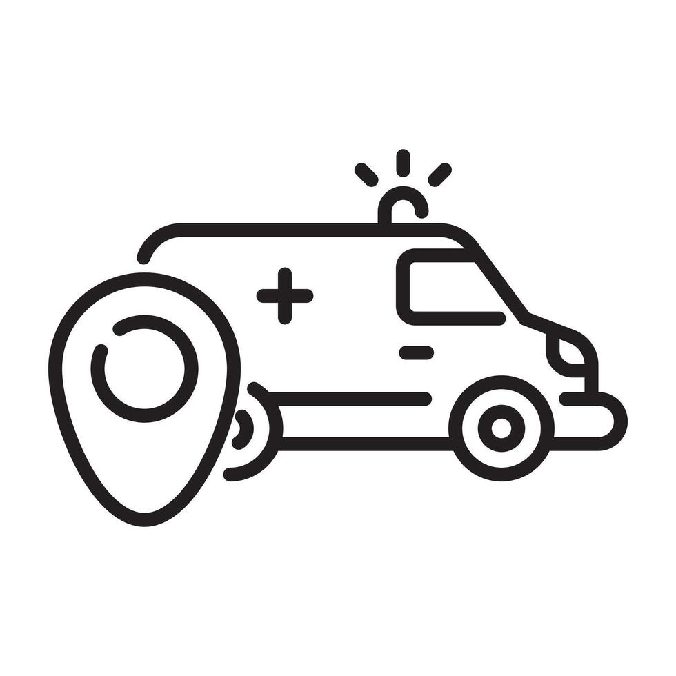 Ambulance with Location Pin Icon, Emergency Medical Service and Help Concept, Black and White Outline Illustration Isolated on White Background vector