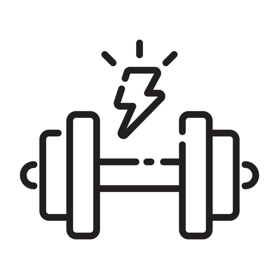 Dumbbell with Energy Symbol Icon, Fitness and Strength Training Concept, Black and White Outline Illustration Isolated on White Background. vector