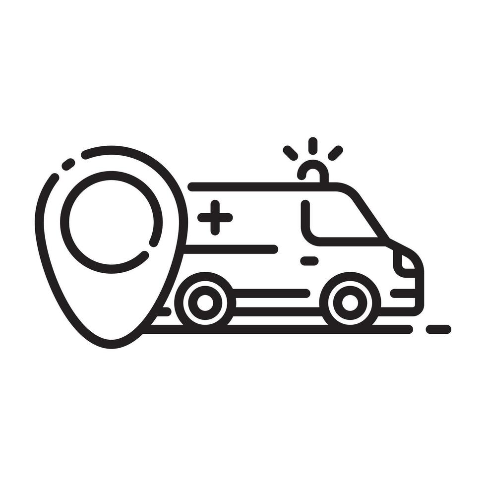 Ambulance with Location Pin Icon, Emergency Medical Service and Help Concept, Black and White Outline Illustration Isolated on White Background. vector