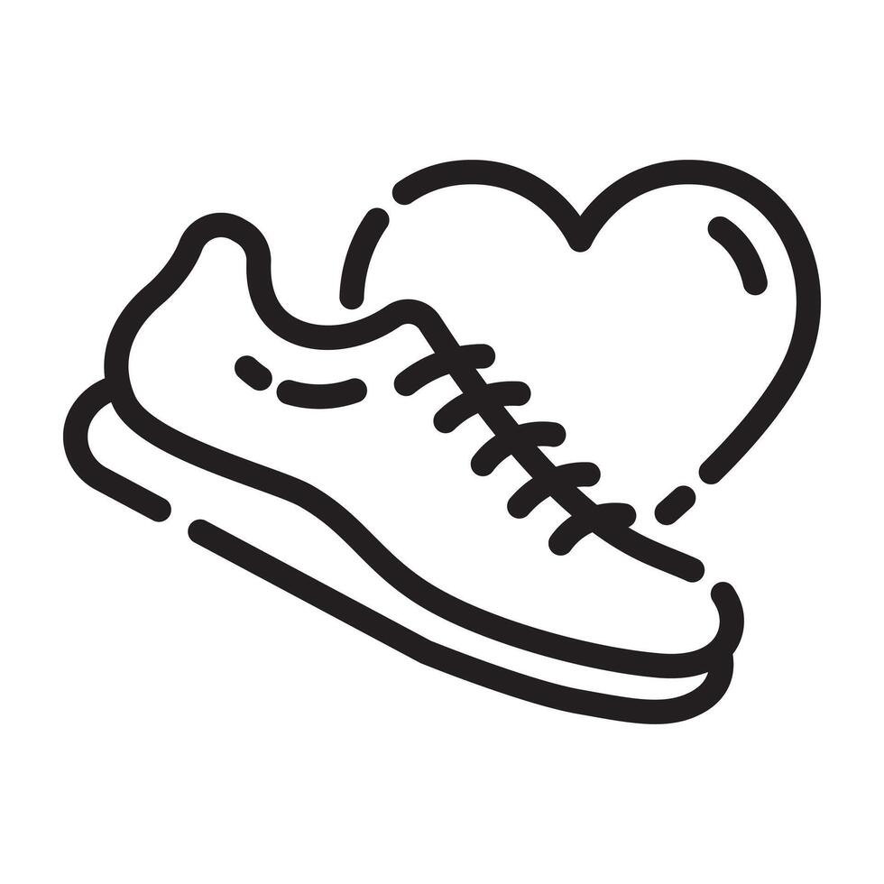 Running Shoe Icon with Heart Symbol, Fitness and Health Concept, Black and White Outline Illustration Isolated on White Background vector