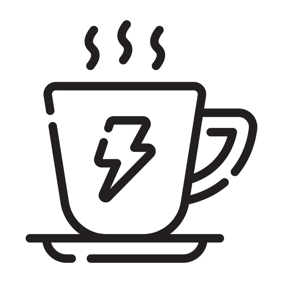 Coffee Cup with Energy Symbol Icon, Hot Beverage and Caffeine Boost, Black and White Outline Illustration Isolated on White Background vector
