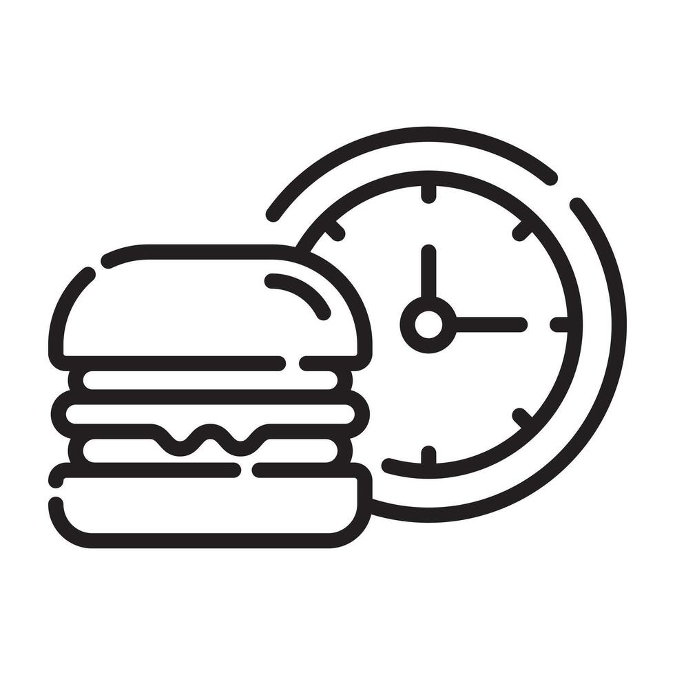 Burger and Clock Icon, Fast Food and Meal Time Symbol, Black and White Outline Illustration Isolated on White Background vector