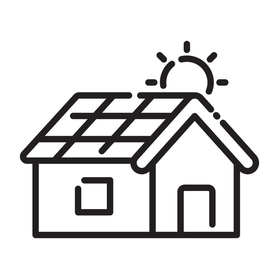 Solar Panel House Icon, Renewable Energy and Sustainable Living Symbol, Black and White Outline Illustration Isolated on White Background vector