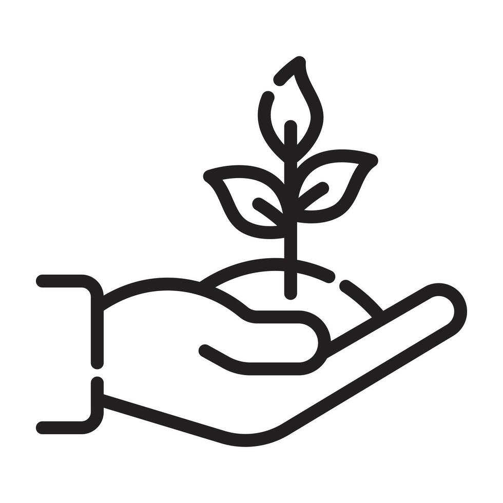 Planting and sustainability outline icon, hand holding soil with sprout, eco-friendly growth concept, black and white illustration isolated on white background vector