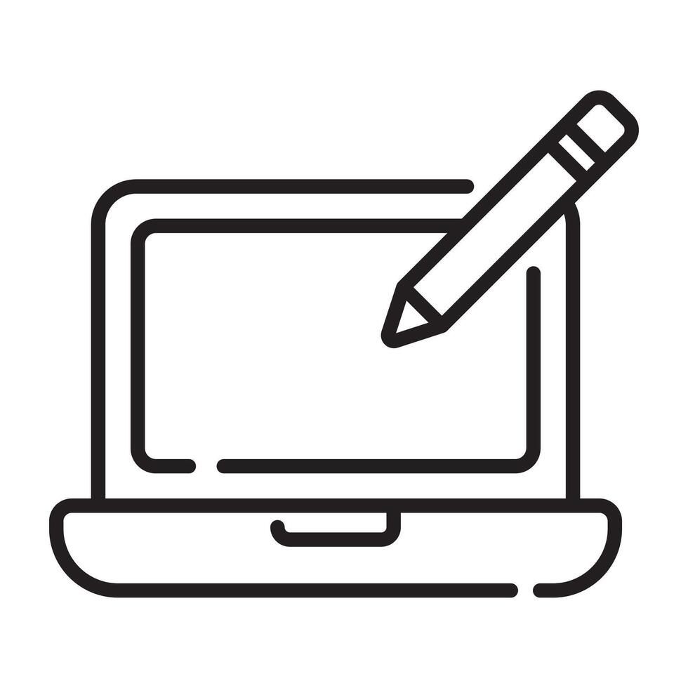 Laptop with pencil outline icon, digital writing and creative design symbol, black and white illustration isolated on white background vector