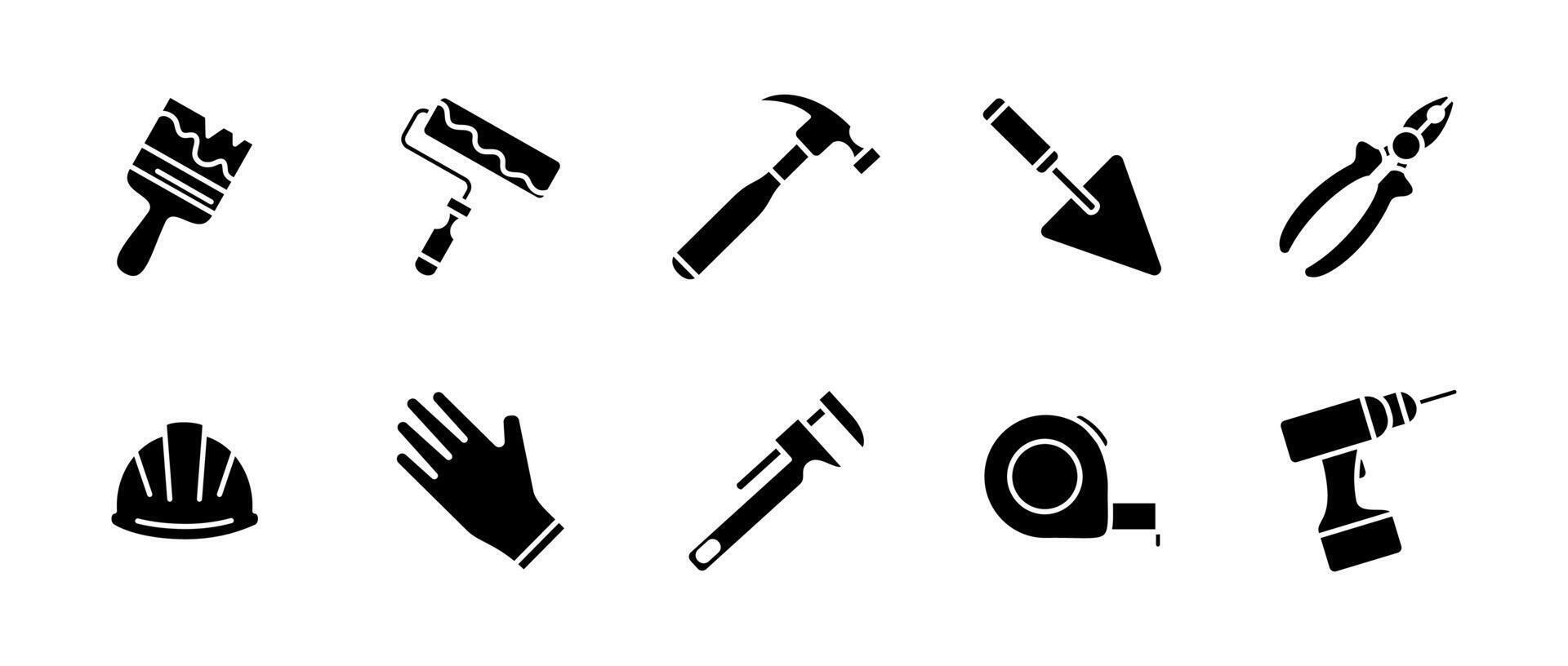 Tool icon set. Construction and repair illustration. Collection of working tools including hammer, wrench, drill and paint brush. Equipment for industrial and home improvement tasks. vector