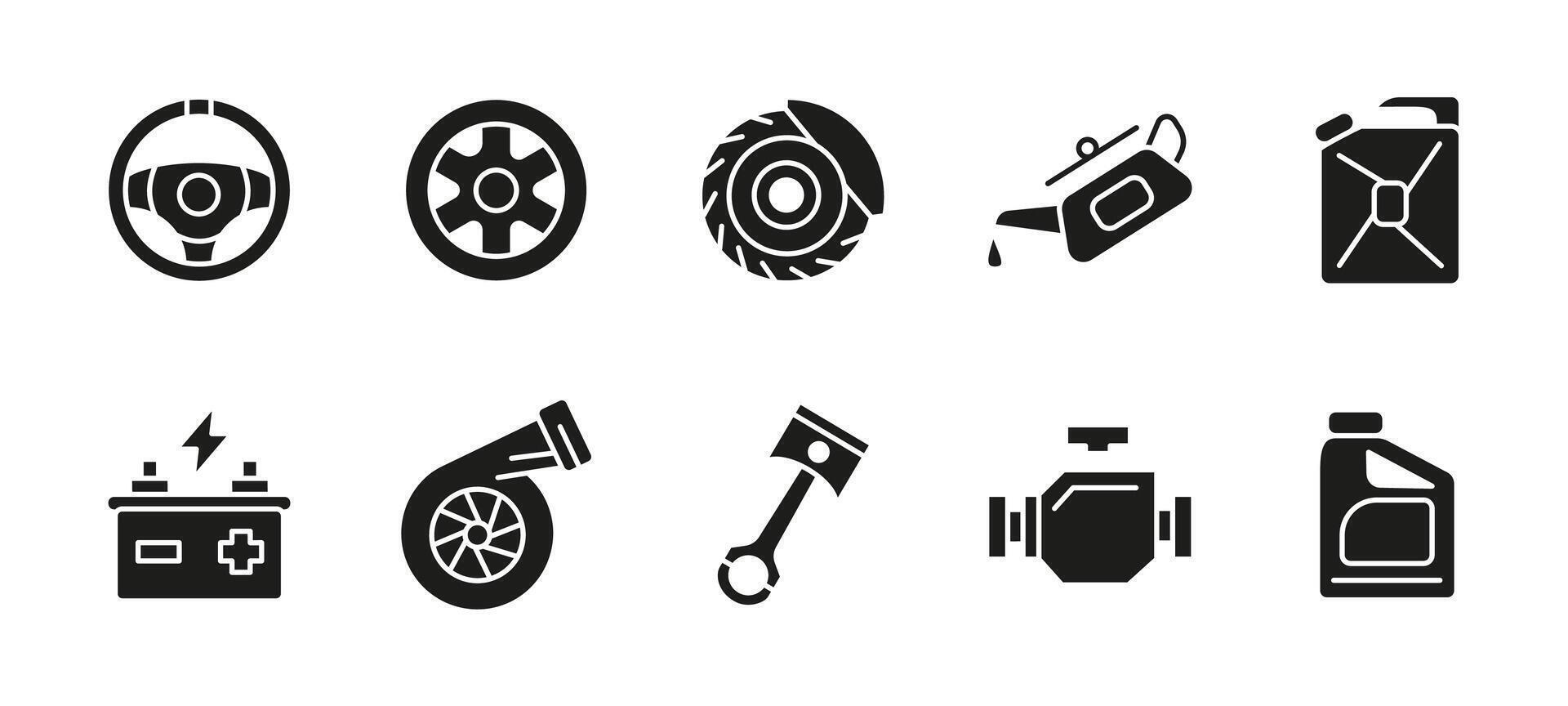 Car part icon set black silhouette. Automotive repair and maintenance illustration. Collection of engine components, wheels, battery, turbo and brake disc. Fuel and oil container symbols. vector