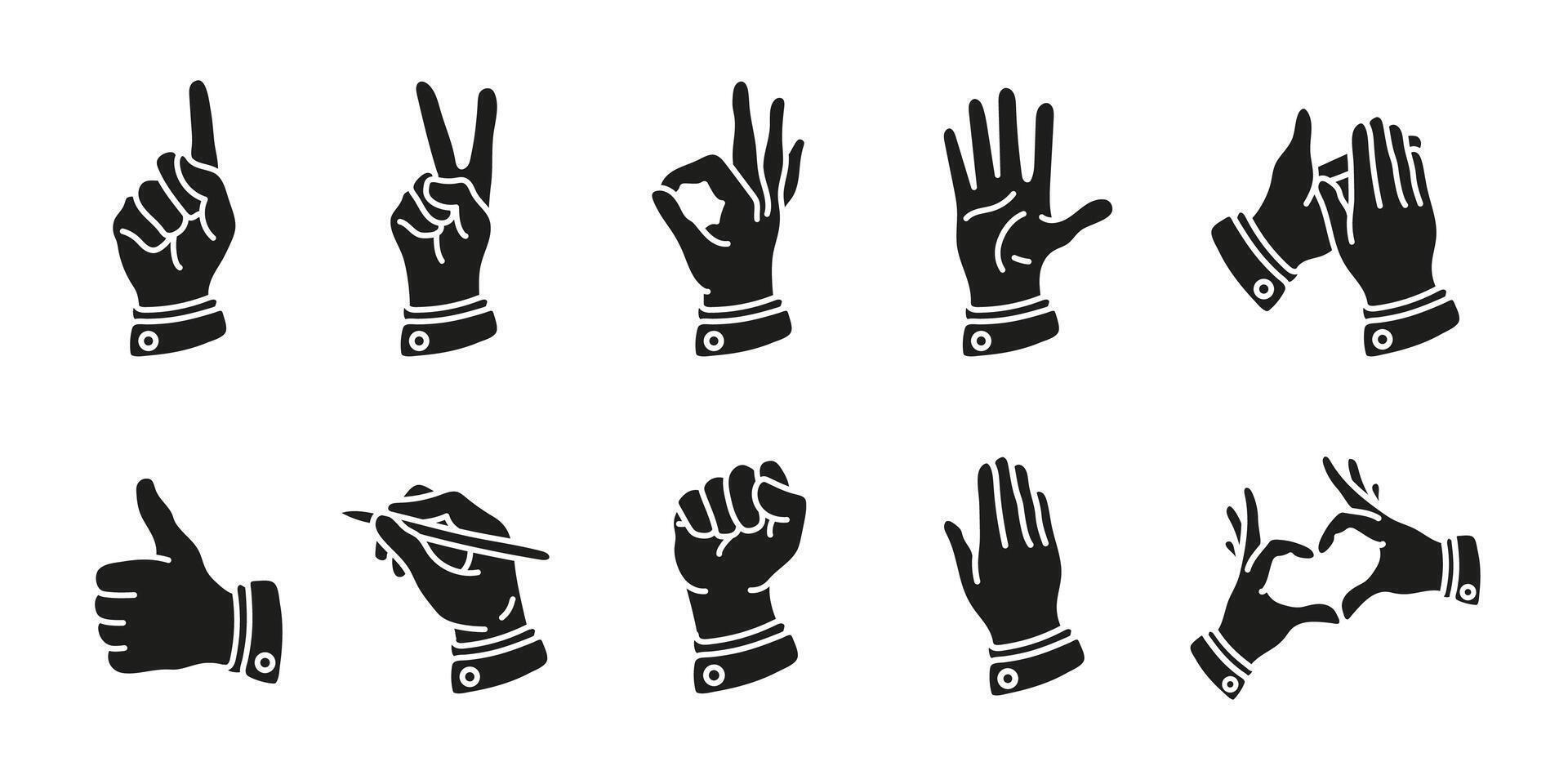 Hand gesture icon set. Communication and body language illustration. Collection of different hand signs including pointing, thumbs up, fist and clapping. Expression and agreement symbols. vector