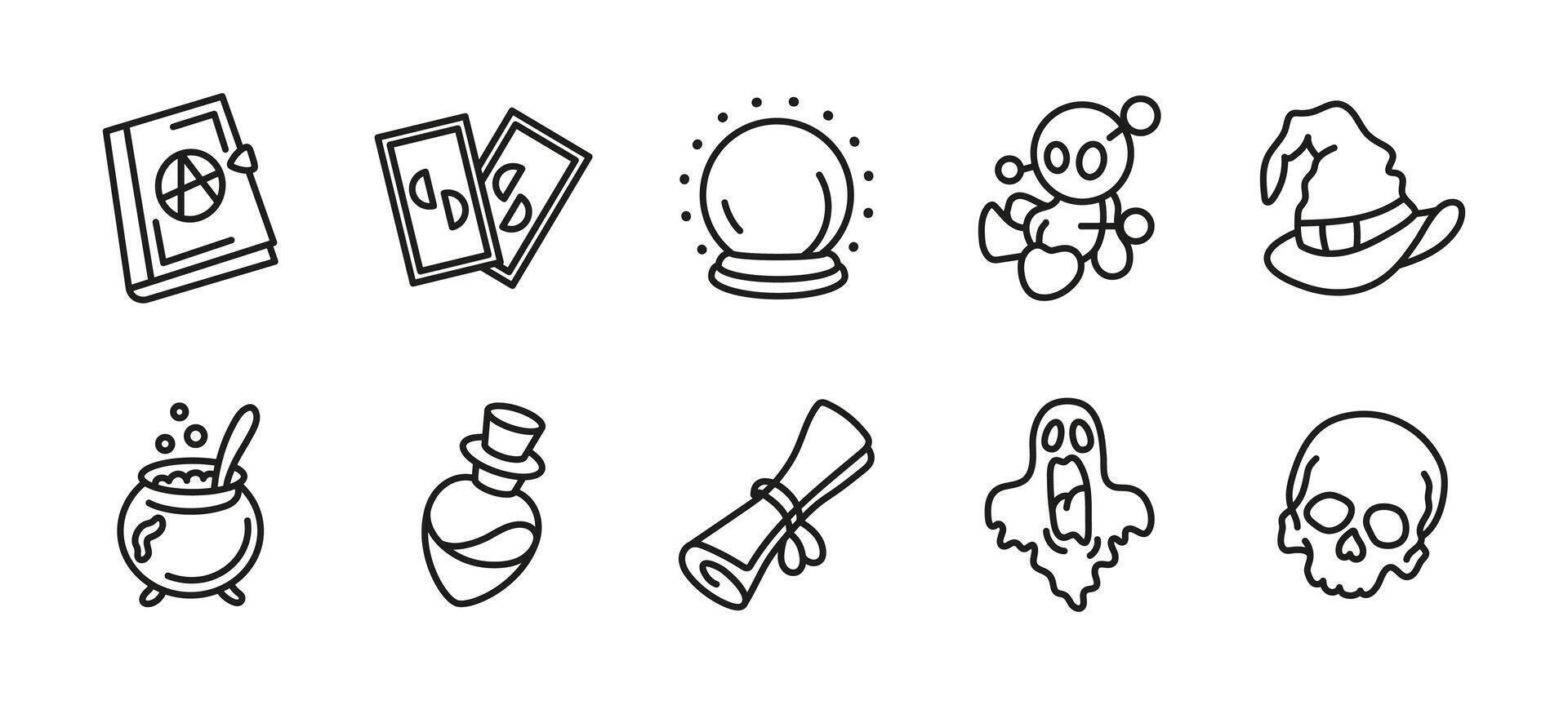 Magic icon set. Mystical and occult illustration. Collection of spell book, crystal ball, potion, tarot cards and witch hat. Symbols of wizardry, ghost, skull and alchemy. vector