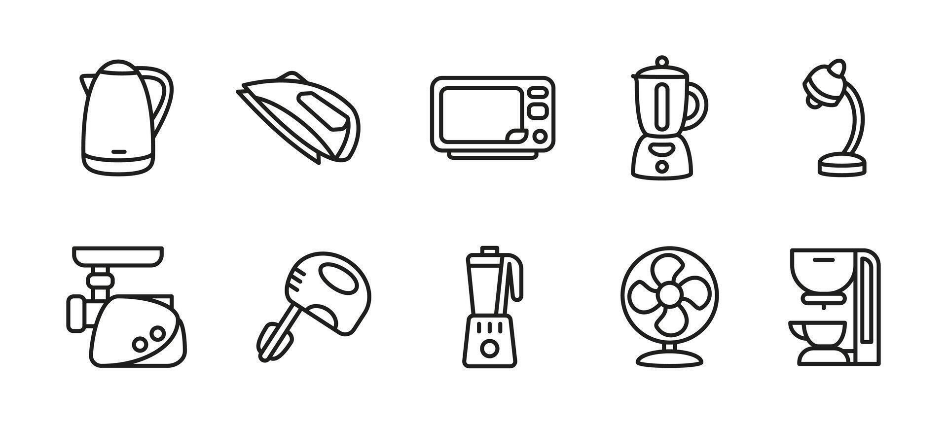 Kitchen appliance icon set. Collection of household and cooking equipment illustrations. Includes microwave, blender, kettle, coffee machine and oven. Home electric device symbols. vector