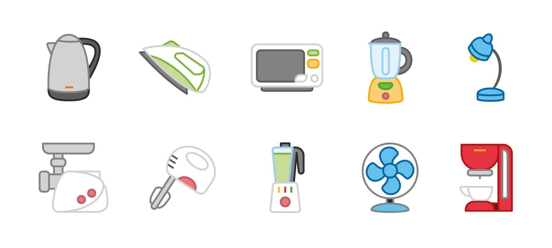 Kitchen appliance icon set colored. Collection of household and cooking equipment illustrations. Includes microwave, blender, kettle, coffee machine and oven. Home electric device colorful. vector