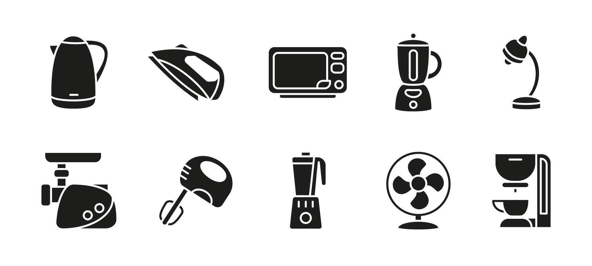 Kitchen appliance icon set black. Collection of household and cooking equipment illustrations. Includes microwave, blender, kettle, coffee machine and oven. Home electric device silhouette. vector
