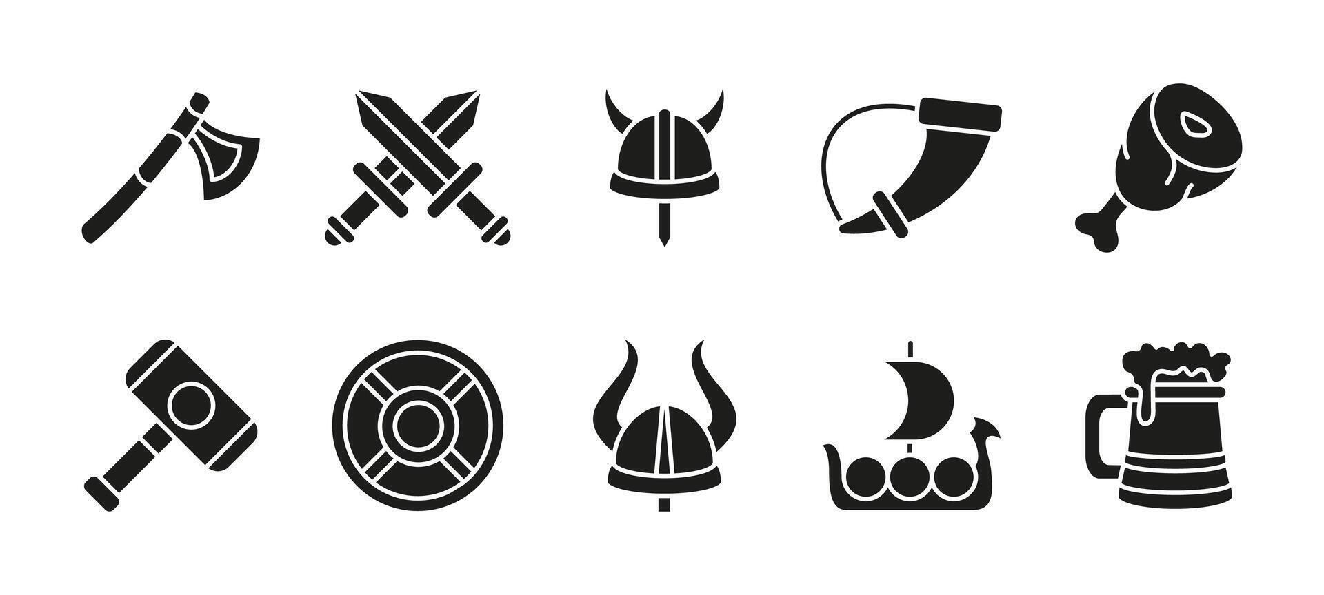 Medieval warrior icon set black. Viking and ancient warrior illustration. Includes helmet, axe, shield, sword, battle horn, ship, hammer and beer mug. Nordic history armor symbols silhouette. vector