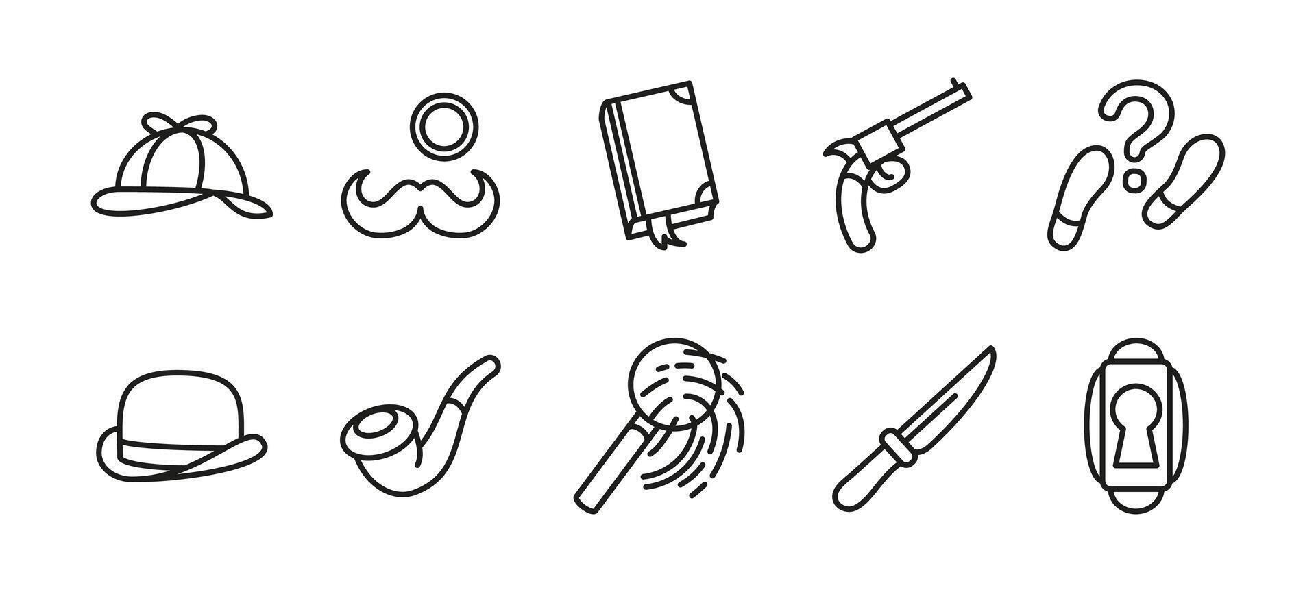 Detective icon set. Mystery and investigation illustration. Includes magnifying glass, hat, pipe, fingerprint, gun, knife, book and footprints. Crime and clue symbols. vector