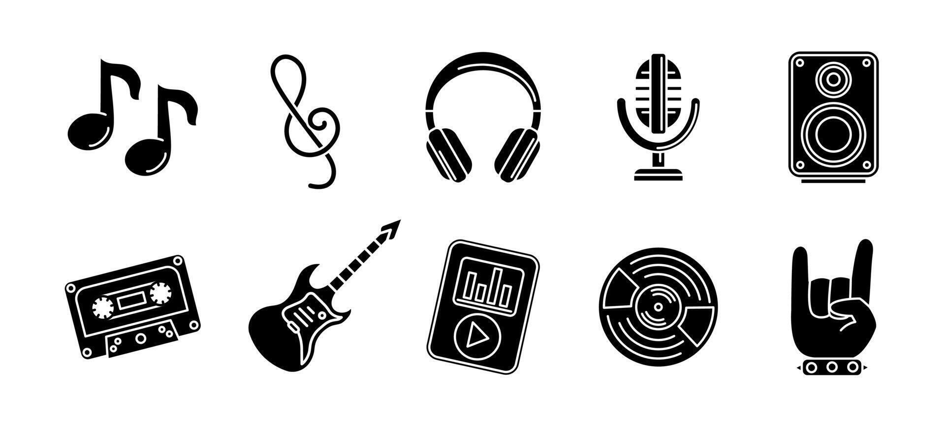 Music icon set black. Audio and melody illustration. Collection of musical elements including notes, microphone, headphones, speaker and guitar. Vintage cassette, vinyl and playlist symbol. vector