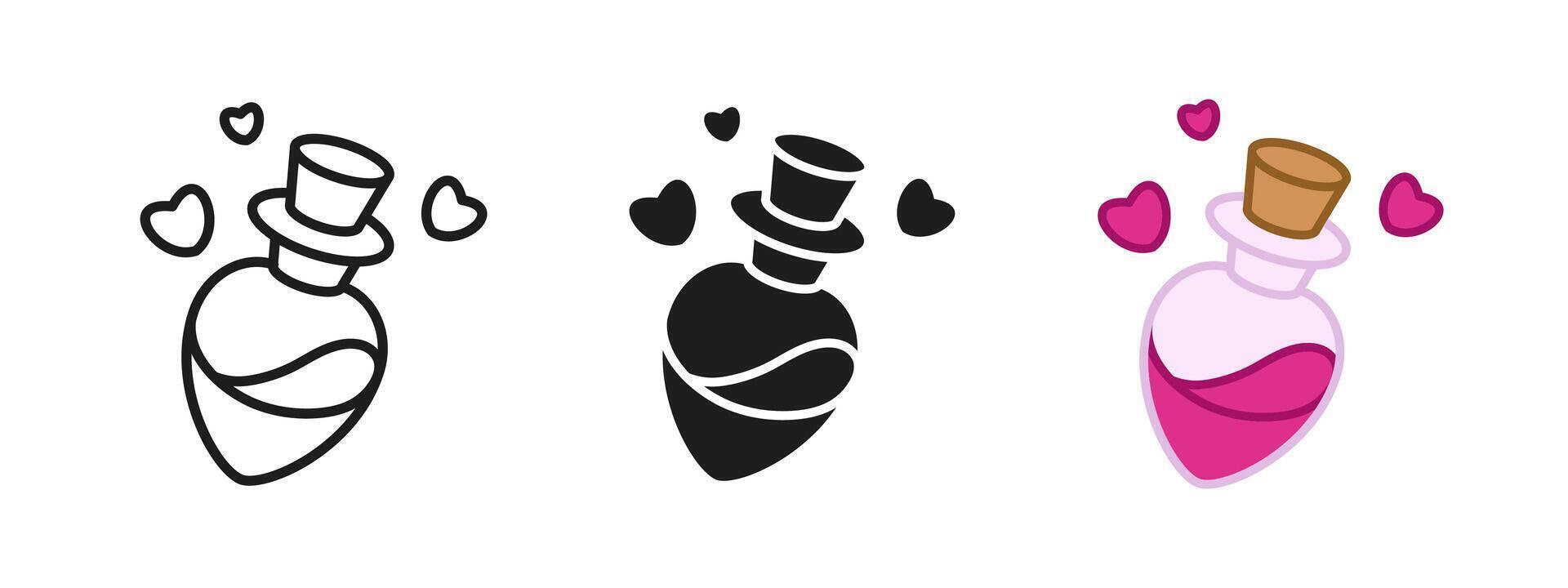 Love potion icon. Romance elixir bottle symbol. Valentine magic illustration. Pink spell bottle with hearts sign. Red flask with liquid pictogram. Love magic concept. vector