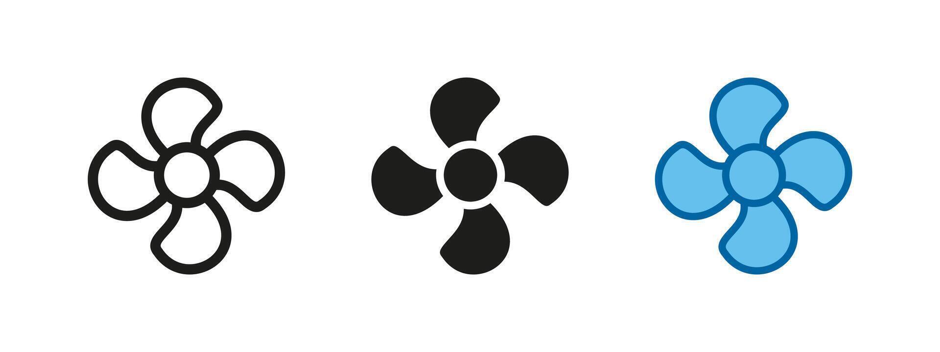 Fan icon. Cooling ventilation symbol. Electric air blower illustration. Appliance propeller sign. Household device pictogram. Rotating airflow machine concept. vector