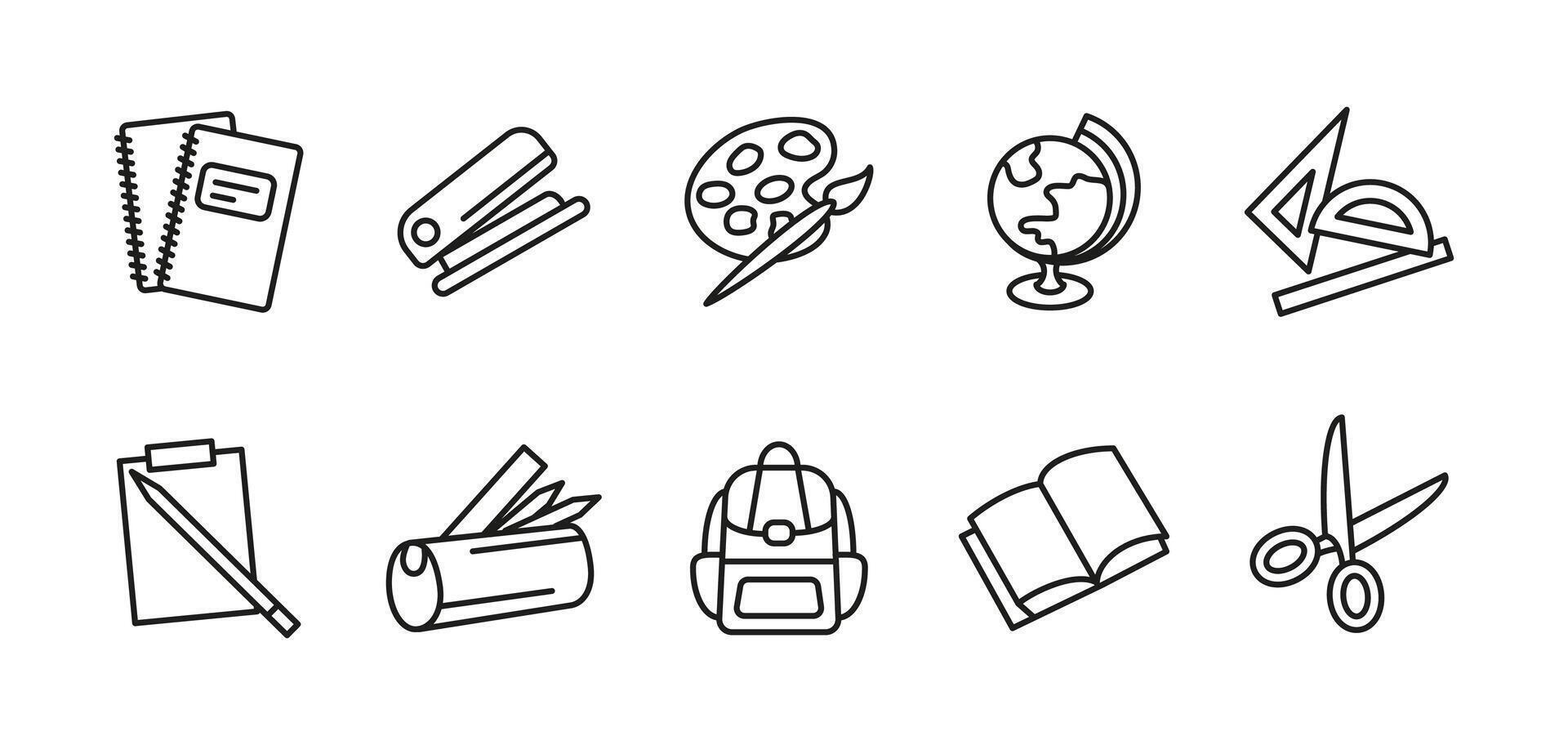 School icon set. Education and study illustration. Includes notebook, book, pencil, backpack, scissors, ruler, globe, paint palette and classroom supplies. vector