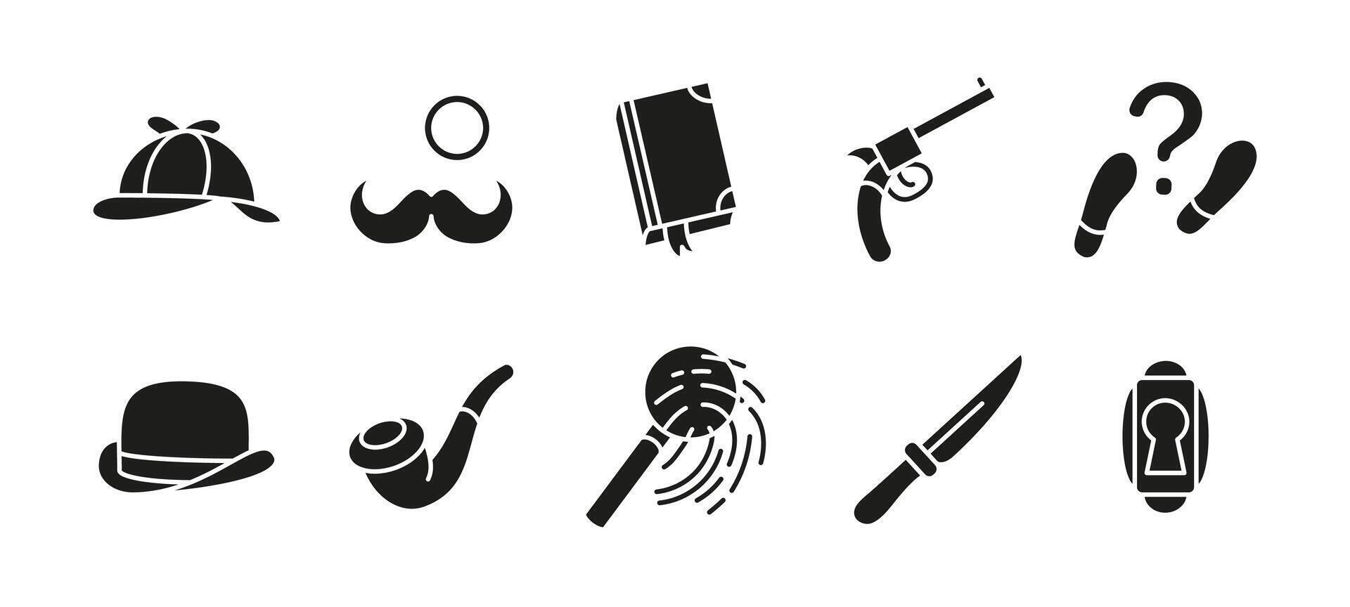Detective icon set black. Mystery and investigation illustration. Includes magnifying glass, hat, pipe, fingerprint, gun, knife, book and footprints. Crime and clue symbols silhouette. vector
