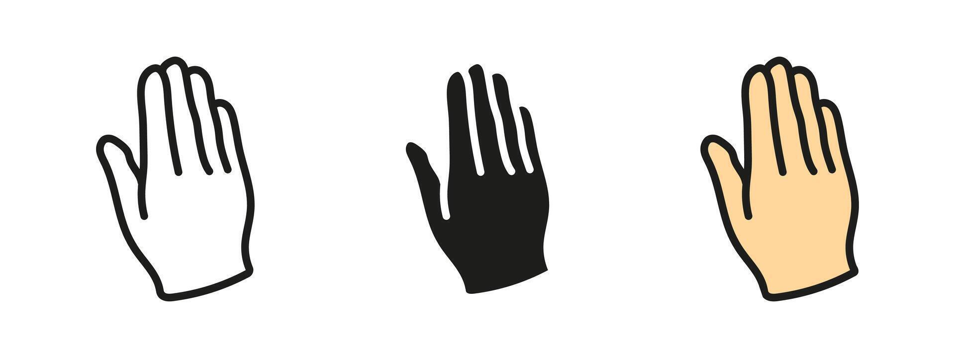 Hand stop sign icon. Gesture for warning and caution. Attention and alert illustration. Restriction and prohibition pictogram. Safety control concept. vector