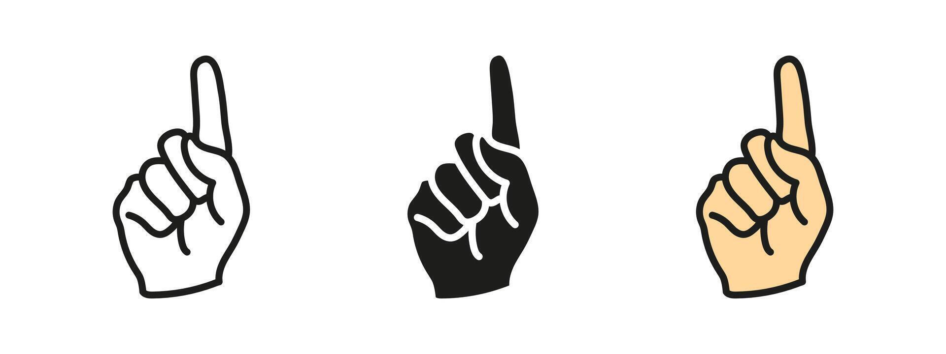 Index finger rising up hand gesture icon. Pointing and direction symbol. Notification and alert illustration. Indicating movement pictogram. Signal and attention concept. vector