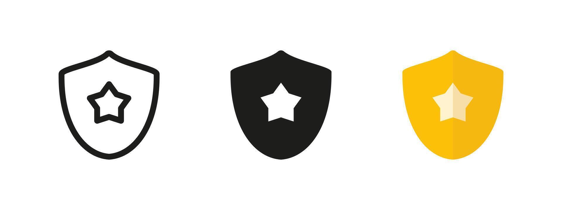 Shield with star icon. Protection emblem symbol. Security illustration. Star badge sign. Defense and safety pictogram. Guard and authority concept. vector