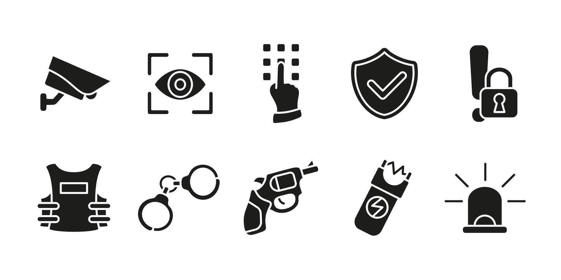 Security police icon set black. Law enforcement and crime prevention illustration. Surveillance and protection concept. Safety and monitoring symbols. Emergency and authority representation. vector