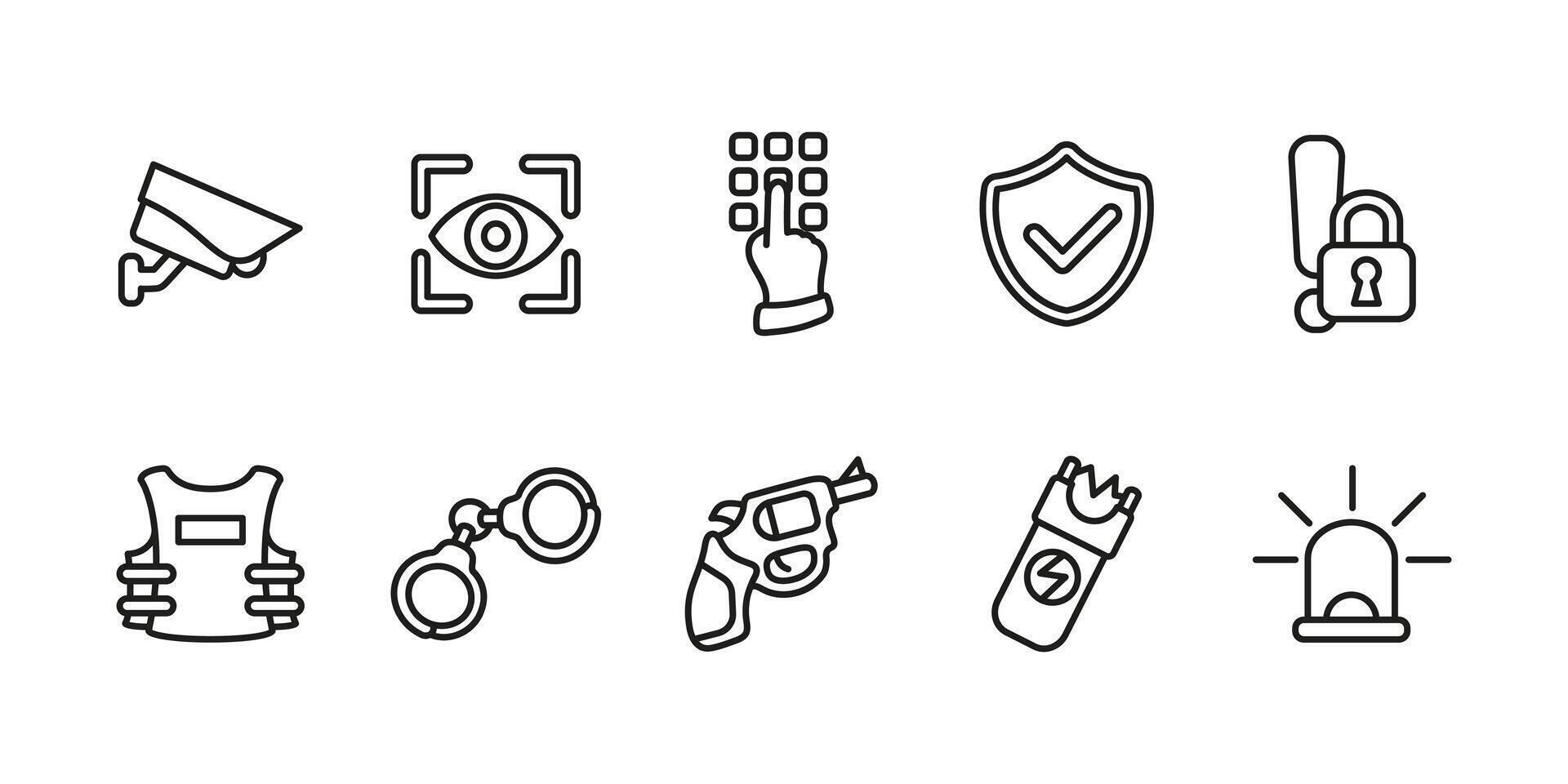 Security police icon set. Law enforcement and crime prevention illustration. Surveillance and protection concept. Safety and monitoring symbols. Emergency and authority representation. vector