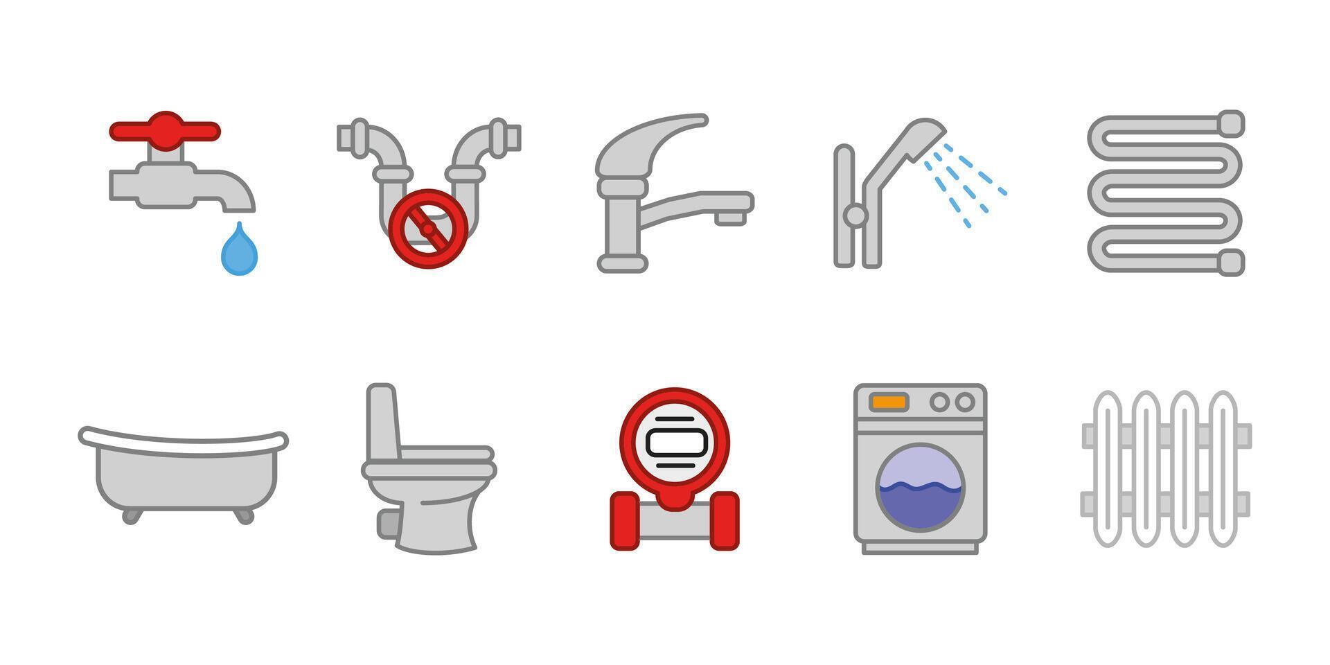 Plumbing bathroom icon set colored. Water supply and drainage illustration. Faucet sink, and shower concept. Toilet and bathtub symbols. Home sanitation and heating colorful representation. vector