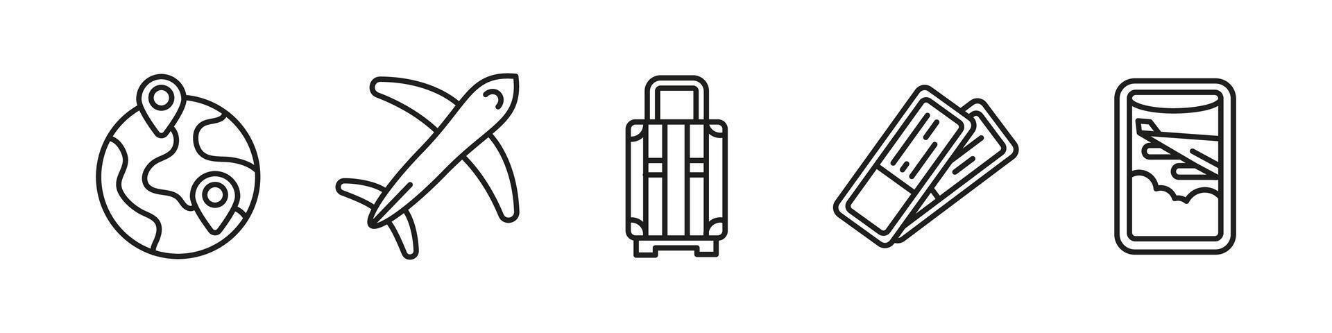 Flight air travel icon set. Airplane, ticket and baggage illustration. Airport departure and arrival concept. Tourism, vacation and transportation symbols. vector