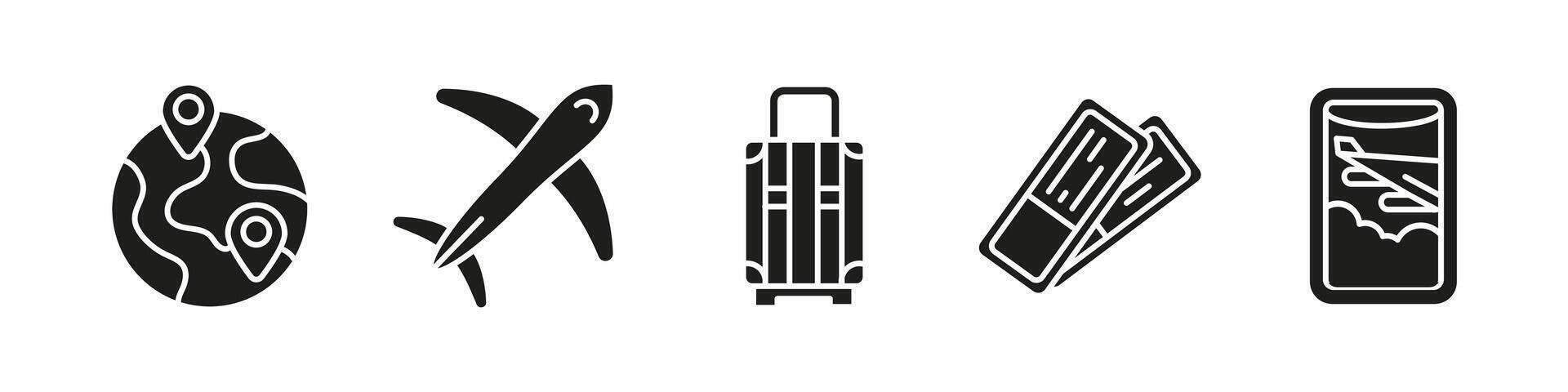 Flight air travel icon set black. Airplane, ticket and baggage illustration silhouette. Airport departure and arrival glyph concept. Tourism, vacation and transportation symbols. vector