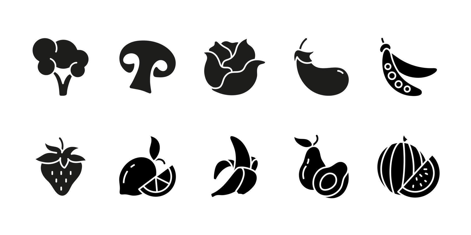 Vegetables and fruits icon set black. Healthy food symbol. Organic vegetable and fresh fruit illustration. Natural nutrition sign. Grocery and market pictogram. Farm harvest and diet concept. vector