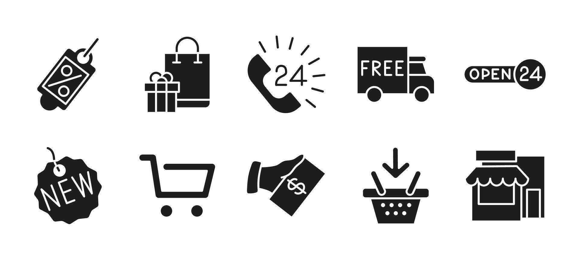 Online ecommerce icon set black. Shopping and retail symbol collection. Discount tag, store and basket illustration silhouette. Free delivery and e-commerce sign. Payment and checkout pictogram vector