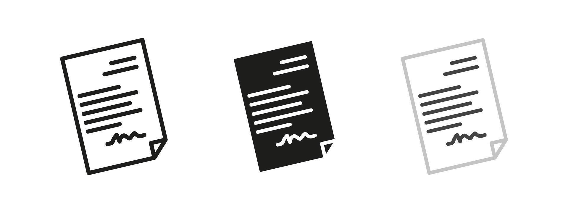 Document icon. Paper and contract symbol. Agreement form illustration. Official file and certificate sign. Business, legal and office pictogram. vector